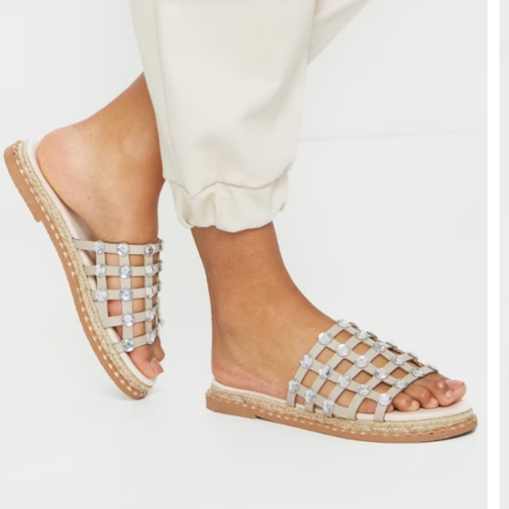 Nude Diamante Studded Silders